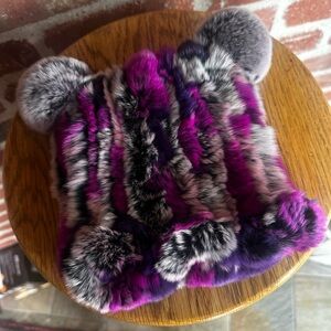 Rex Rabbit Fur knit Striped Beanie with Pom Poms
